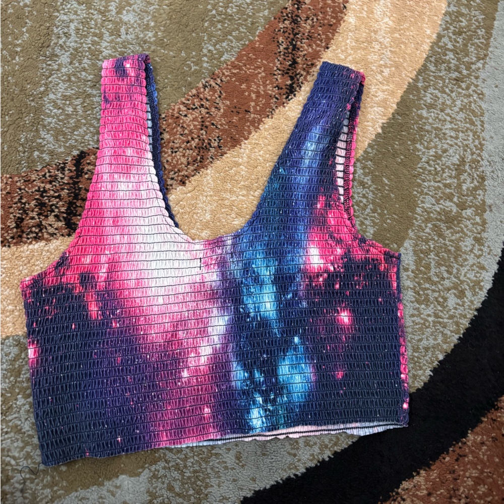 Hot Topic Galaxy Tie-Dye Smocked Crop Tank - Pink & Blue